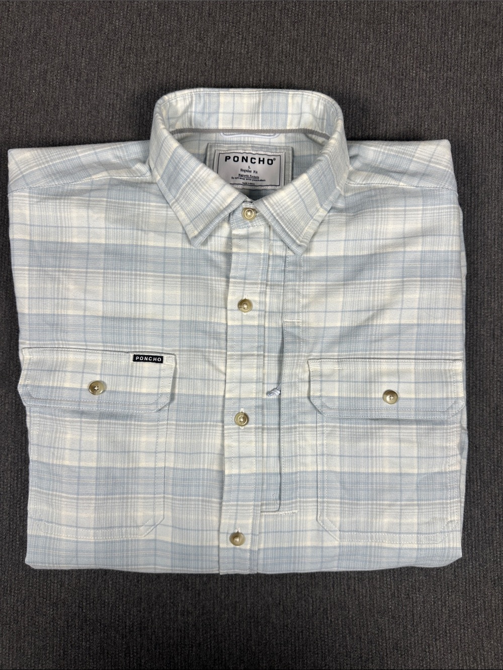 Poncho Outdoors Long Sleeve Regular Fit Magnetic Pocket Plaid Light Blue Large